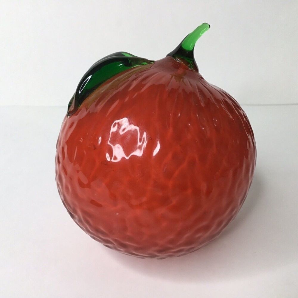 VTG Murano Art Glass Orange/Mandarine With Green Stem‎ Paperweight/Home Decor